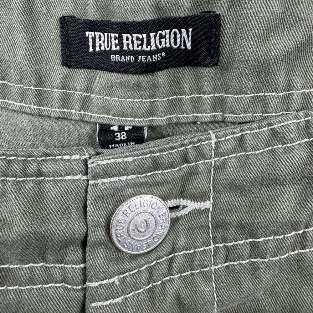 True Religion Green Canvas White Stitch Mens Cargo Pant Size 38x31
